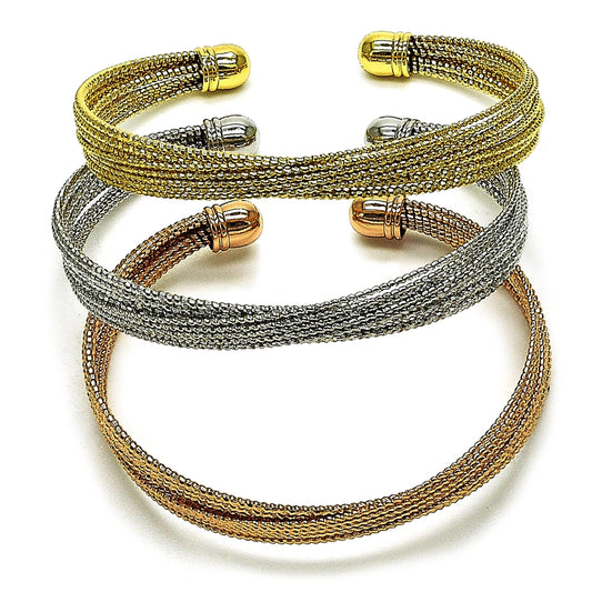 Oro Laminado Trio Bangle, Gold Filled Style Twist Design, Diamond Cutting Finish, Tricolor