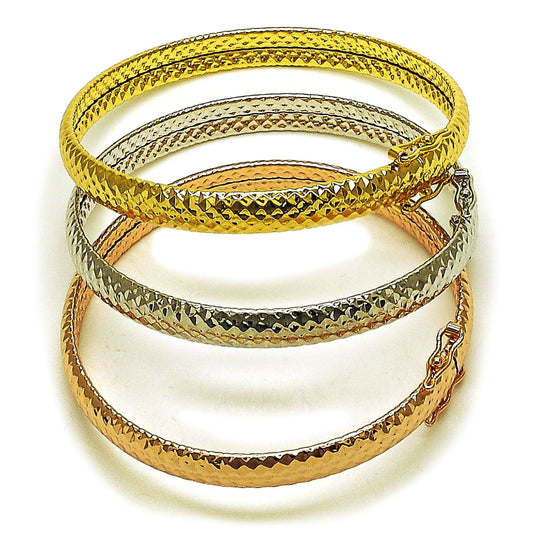 Oro Laminado Trio Bangle, Gold Filled Style Hollow Design, Diamond Cutting Finish, Tricolor