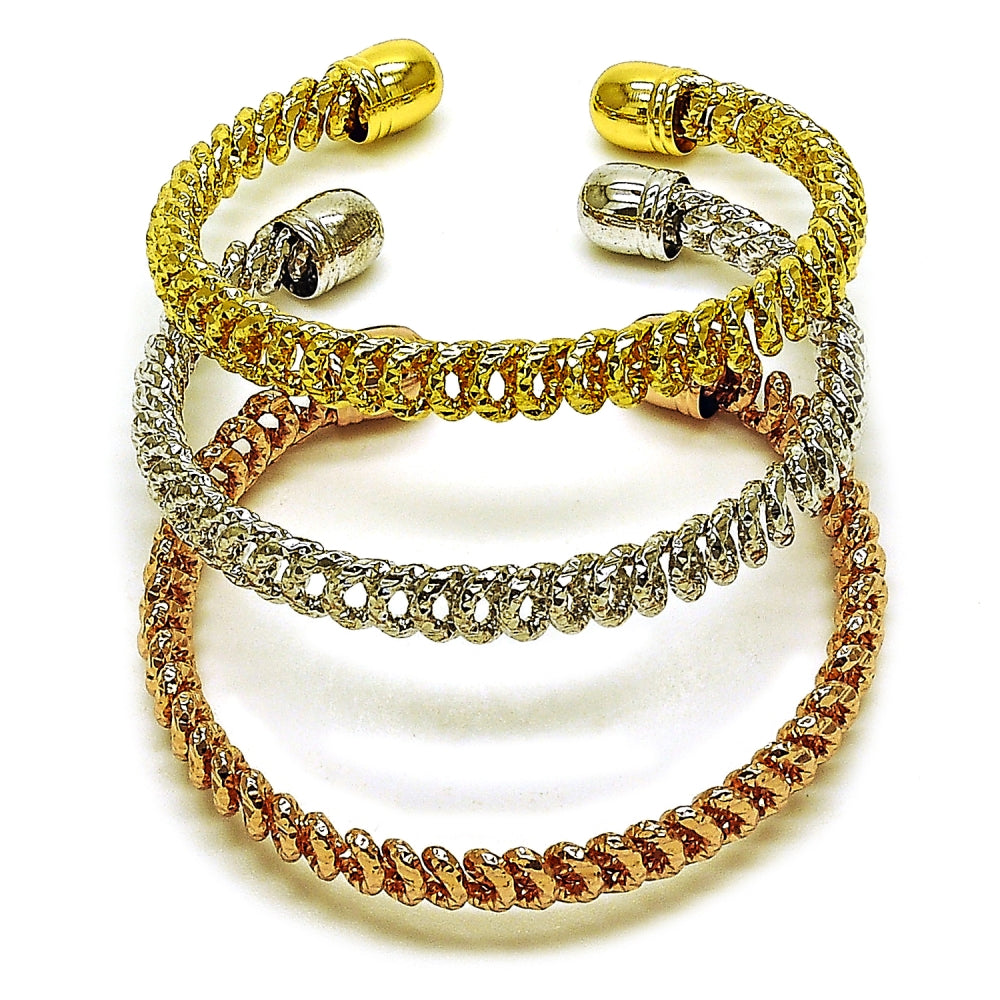 Oro Laminado Trio Bangle, Gold Filled Style Twist Design, Diamond Cutting Finish, Tricolor