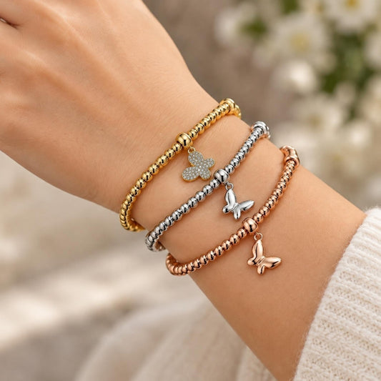 Oro Laminado Trio Bangle, Gold Filled Style Butterfly Design, with White Cubic Zirconia, Polished, Tricolor