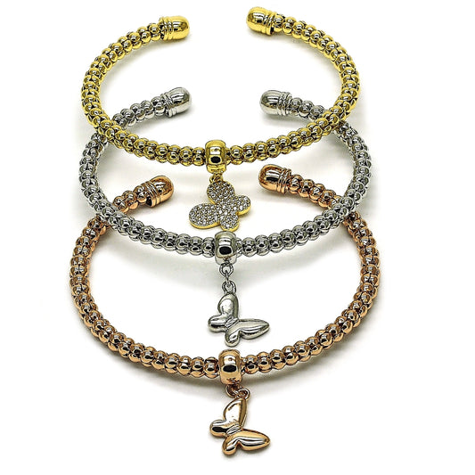 Oro Laminado Trio Bangle, Gold Filled Style Butterfly Design, with White Cubic Zirconia, Polished, Tricolor