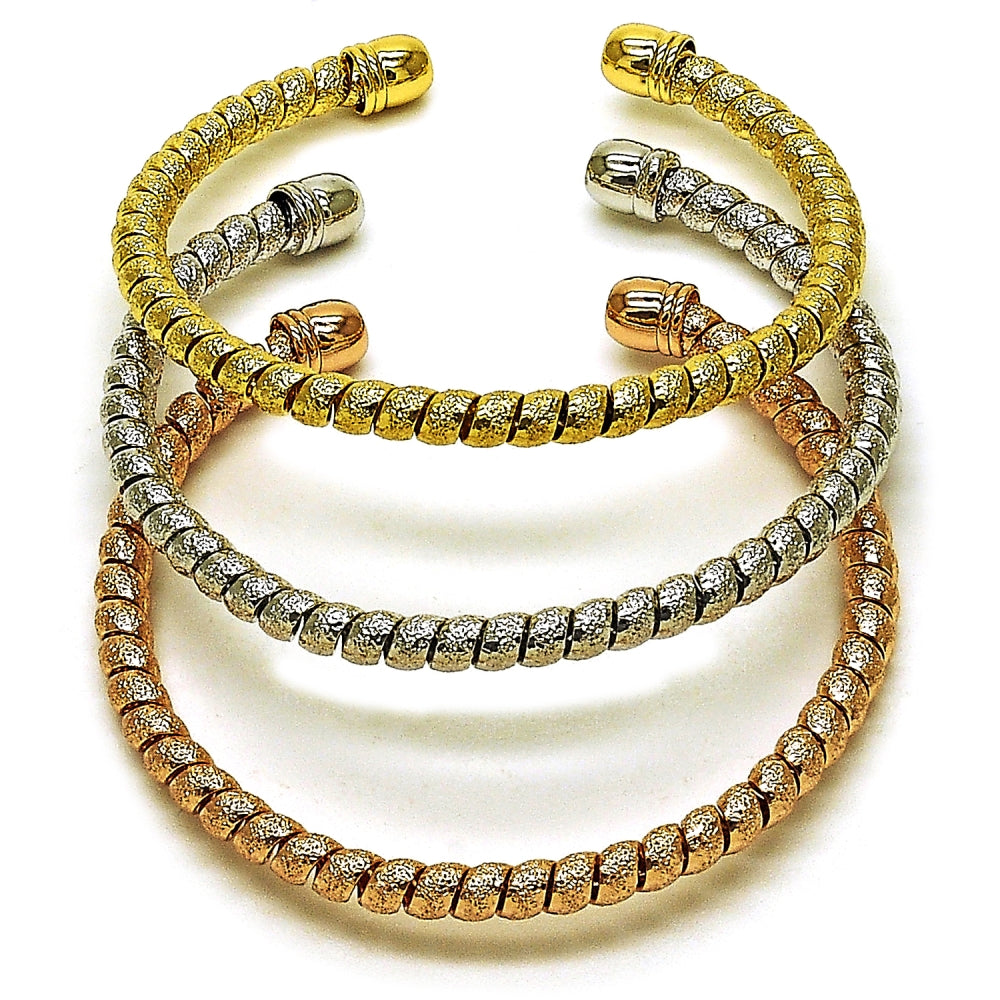 Oro Laminado Trio Bangle, Gold Filled Style Twist Design, Matte Finish, Tricolor