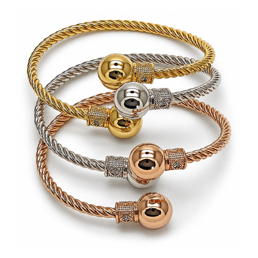 Oro Laminado Trio Bangle, Gold Filled Style Ball and Twist Design, with White Cubic Zirconia, Polished, Tricolor