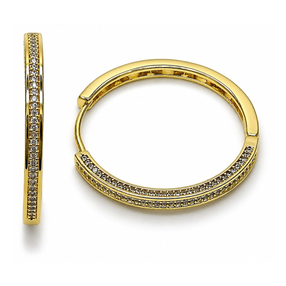Oro Laminado Huggie Hoop, Gold Filled Style with White Micro Pave, Polished, Golden Finish