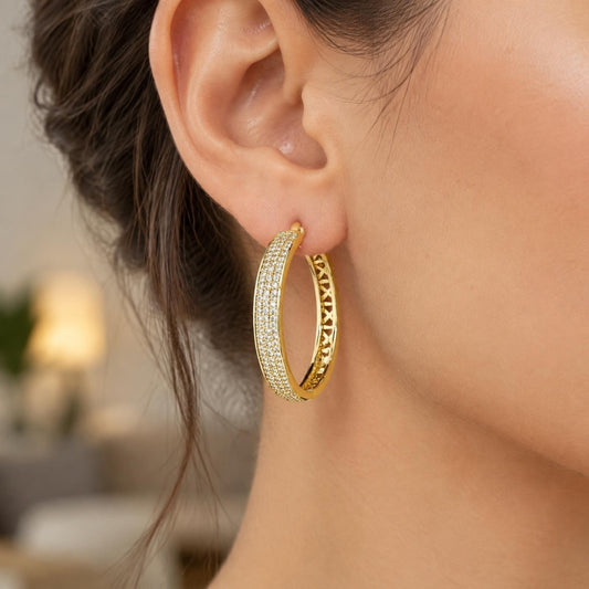 Oro Laminado Huggie Hoop, Gold Filled Style with White Micro Pave, Polished, Golden Finish