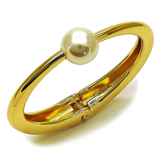 Oro Laminado Individual Bangle, Gold Filled Style Ball Design, with Ivory Pearl, Polished, Golden Finish
