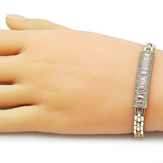 Oro Laminado Fancy Bracelet, Gold Filled Style Baguette and Cluster Design, with White Cubic Zirconia and White Micro Pave, Polished, Golden Finish