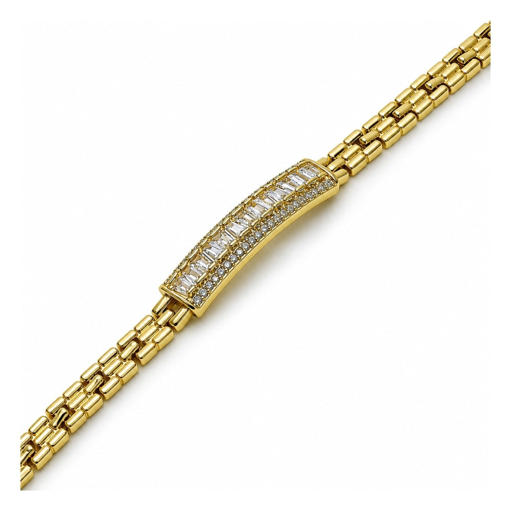 Oro Laminado Fancy Bracelet, Gold Filled Style Baguette and Cluster Design, with White Cubic Zirconia and White Micro Pave, Polished, Golden Finish