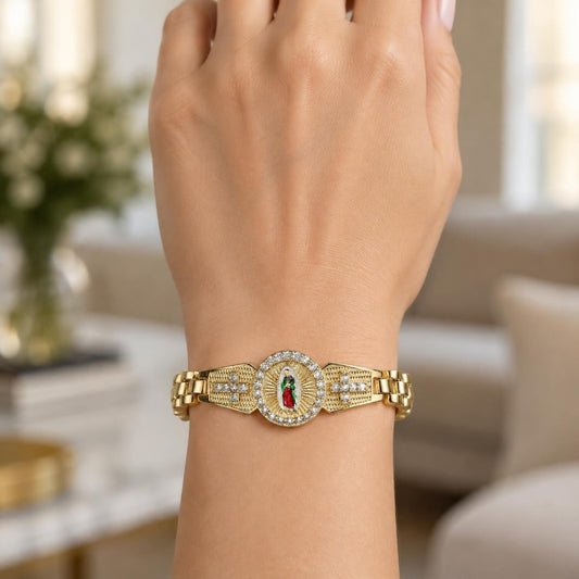 Oro Laminado Solid Bracelet, Gold Filled Style Guadalupe and Cross Design, with White Cubic Zirconia, Polished, Tricolor
