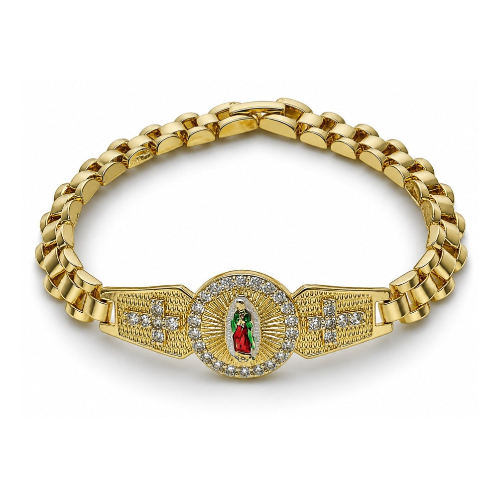 Oro Laminado Solid Bracelet, Gold Filled Style Guadalupe and Cross Design, with White Cubic Zirconia, Polished, Tricolor