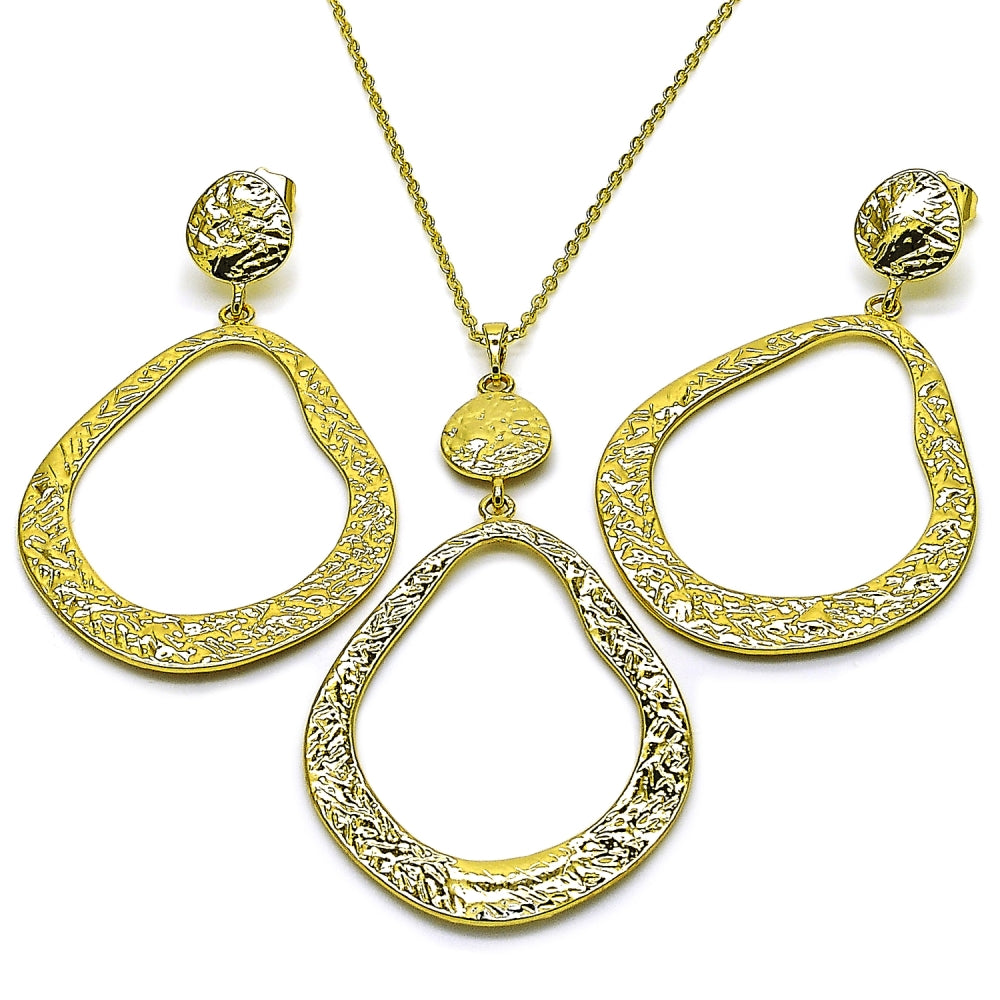 Oro Laminado Earring and Pendant Adult Set, Gold Filled Style Teardrop Design, Polished, Golden Finish