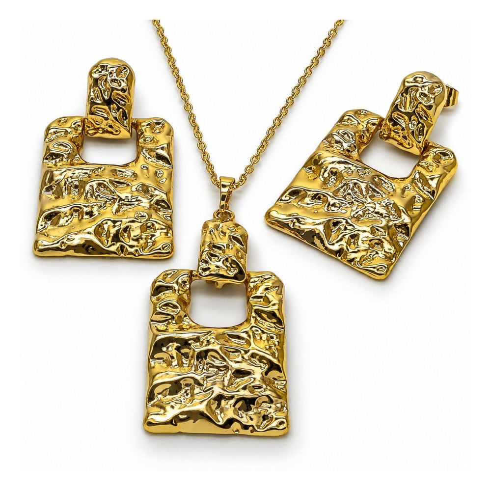 Oro Laminado Earring and Pendant Adult Set, Gold Filled Style Lock Design, Polished, Golden Finish