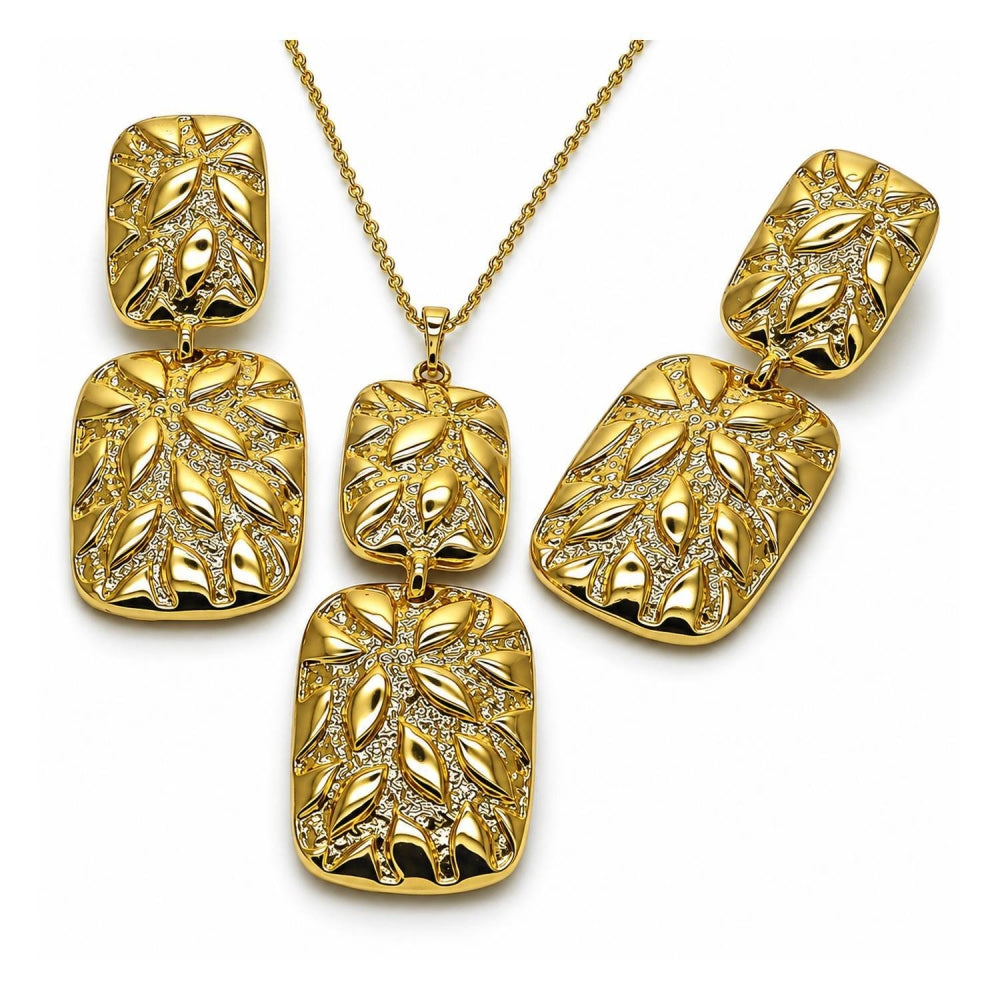 Oro Laminado Earring and Pendant Adult Set, Gold Filled Style Polished, Golden Finish