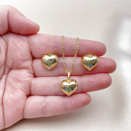 Oro Laminado Earring and Pendant Adult Set, Gold Filled Style Heart Design, Diamond Cutting Finish, Golden Finish
