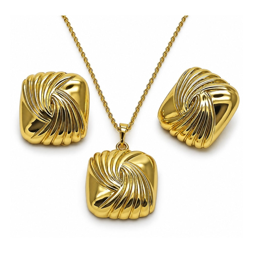 Oro Laminado Earring and Pendant Adult Set, Gold Filled Style Diamond Cutting Finish, Golden Finish
