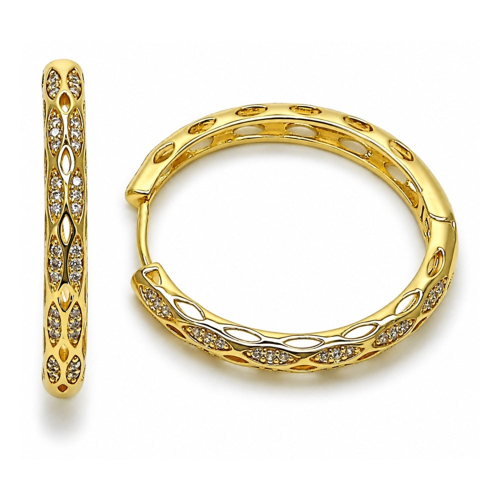Oro Laminado Huggie Hoop, Gold Filled Style with White Micro Pave, Polished, Golden Finish