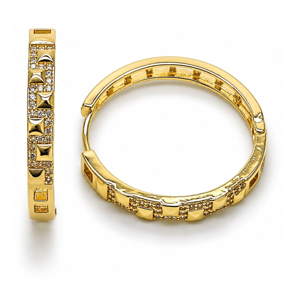 Oro Laminado Huggie Hoop, Gold Filled Style with White Micro Pave, Polished, Golden Finish