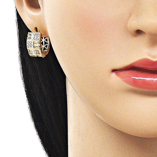 Oro Laminado Huggie Hoop, Gold Filled Style Baguette Design, with White Cubic Zirconia, Polished, Golden Finish