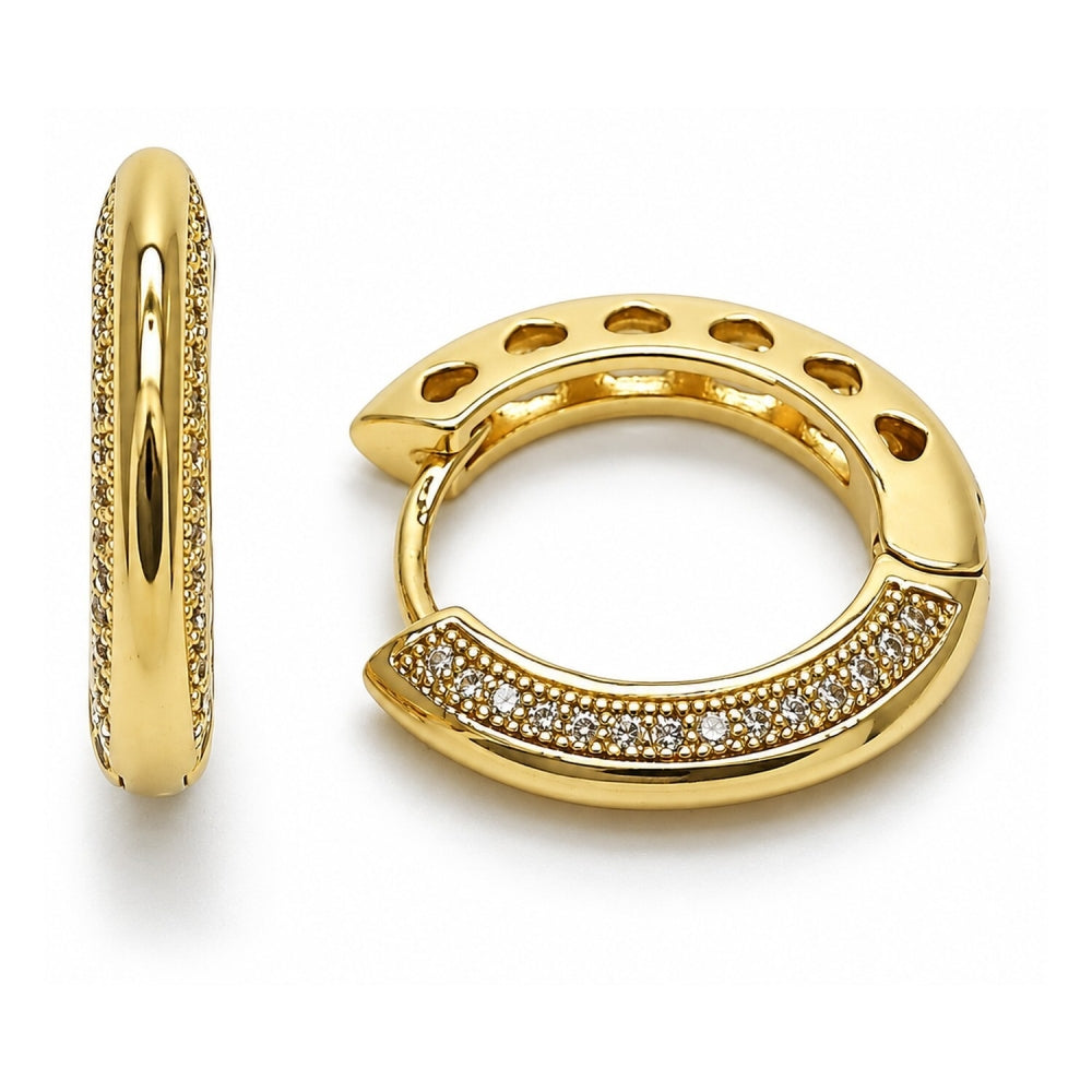 Oro Laminado Huggie Hoop, Gold Filled Style Heart Design, with White Micro Pave, Polished, Golden Finish
