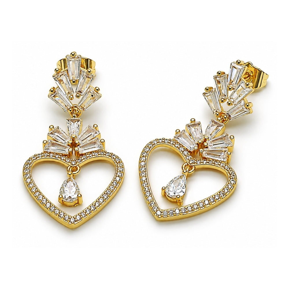 Oro Laminado Long Earring, Gold Filled Style Heart and Baguette Design, with White Cubic Zirconia and White Micro Pave, Polished, Golden Finish