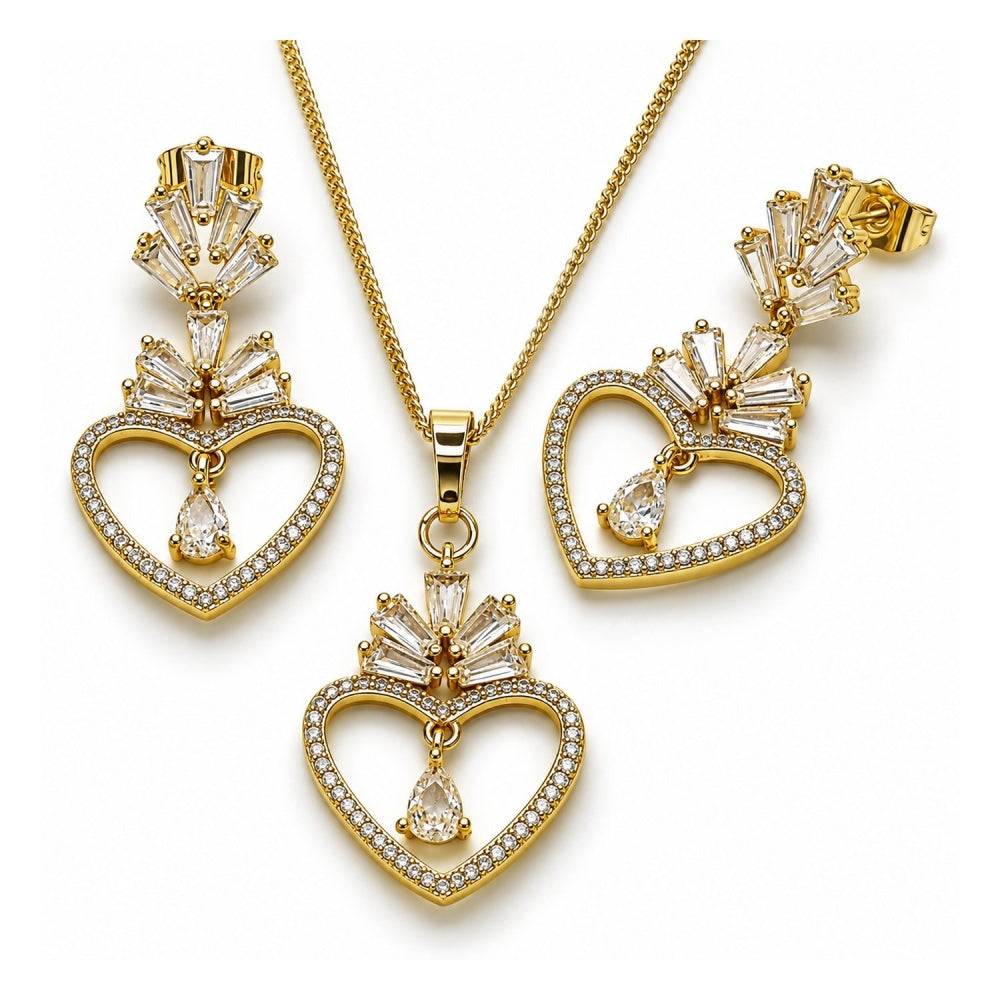 Oro Laminado Earring and Pendant Adult Set, Gold Filled Style Heart and Baguette Design, with White Cubic Zirconia and White Micro Pave, Polished, Golden Finish