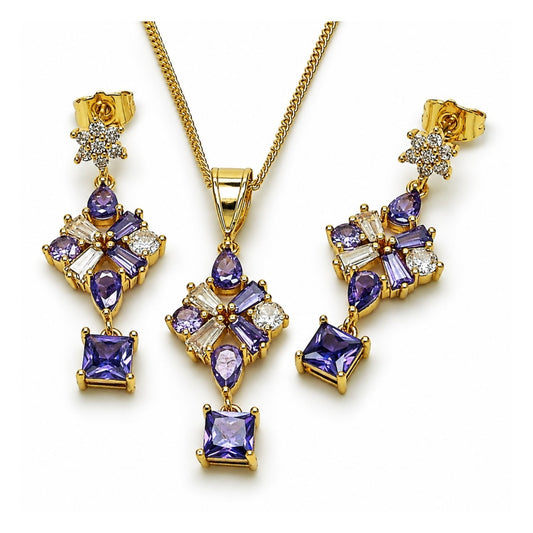 Oro Laminado Earring and Pendant Adult Set, Gold Filled Style Flower Design, with Amethyst Cubic Zirconia, Polished, Golden Finish
