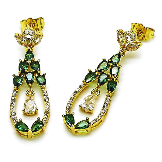 Oro Laminado Long Earring, Gold Filled Style Teardrop Design, with Green and White Cubic Zirconia, Polished, Golden Finish