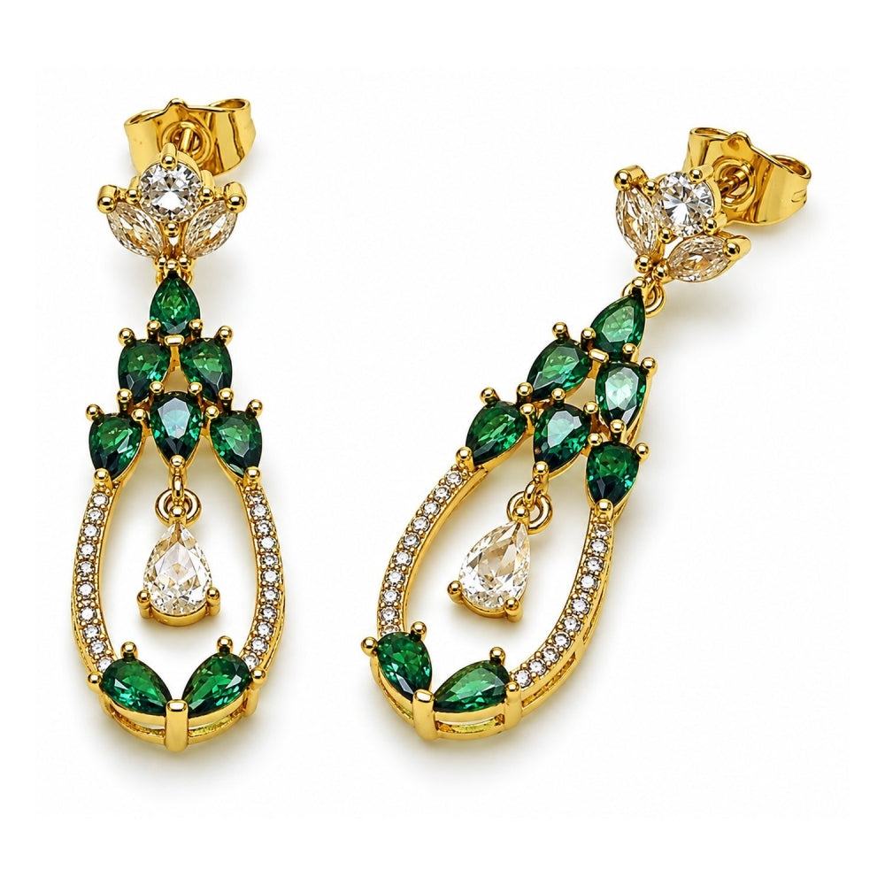 Oro Laminado Long Earring, Gold Filled Style Teardrop Design, with Green and White Cubic Zirconia, Polished, Golden Finish