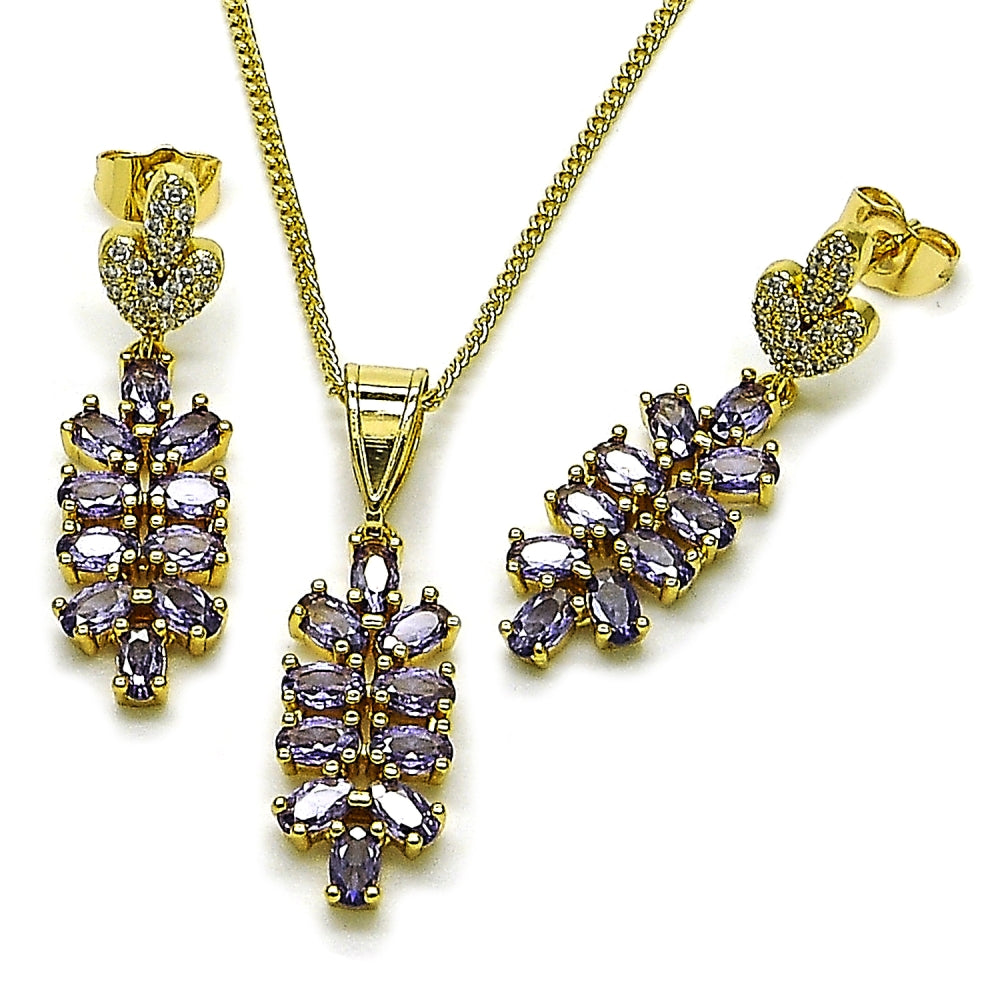 Oro Laminado Earring and Pendant Adult Set, Gold Filled Style Leaf Design, with White Micro Pave and Amethyst Cubic Zirconia, Polished, Golden Finish