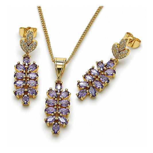 Oro Laminado Earring and Pendant Adult Set, Gold Filled Style Leaf Design, with White Micro Pave and Amethyst Cubic Zirconia, Polished, Golden Finish