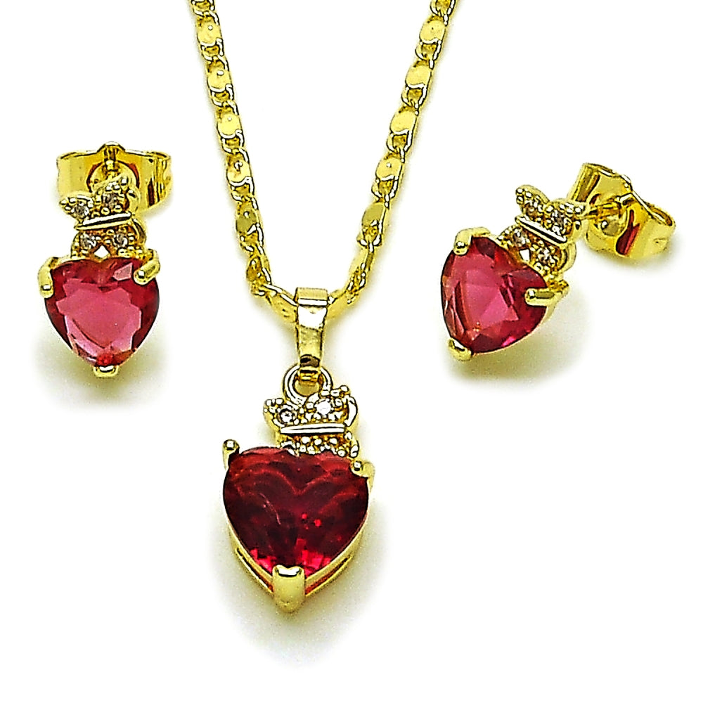 Oro Laminado Earring and Pendant Adult Set, Gold Filled Style Heart and Butterfly Design, with Ruby and White Cubic Zirconia, Polished, Golden Finish