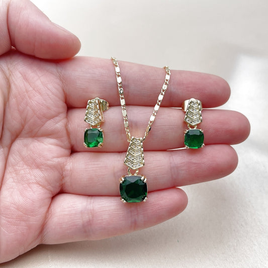 Oro Laminado Earring and Pendant Adult Set, Gold Filled Style with White Micro Pave and Green Cubic Zirconia, Polished, Golden Finish
