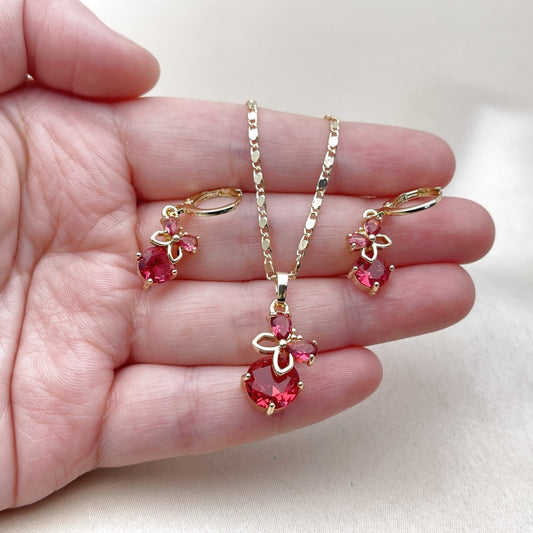 Oro Laminado Earring and Pendant Adult Set, Gold Filled Style Butterfly Design, with Ruby Cubic Zirconia, Polished, Golden Finish