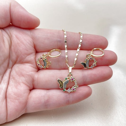Oro Laminado Earring and Pendant Adult Set, Gold Filled Style Butterfly and Flower Design, with Multicolor Cubic Zirconia, Polished, Golden Finish