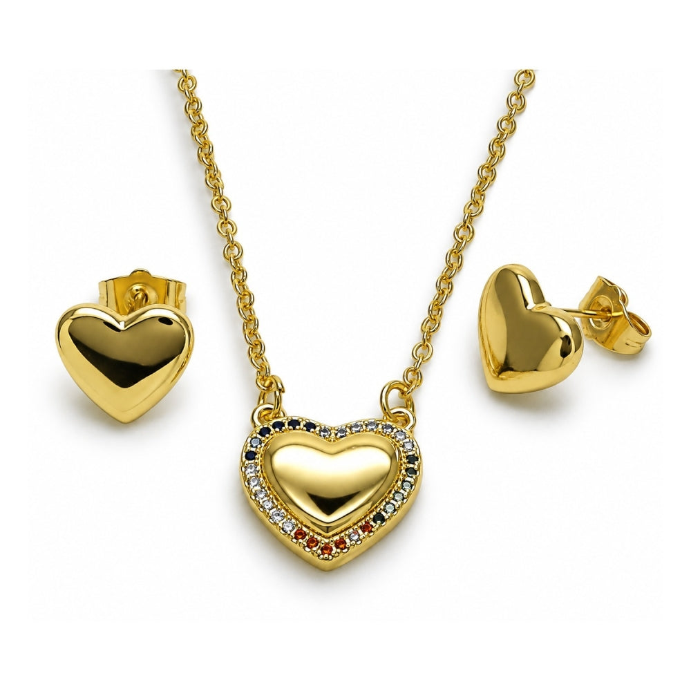 Oro Laminado Earring and Pendant Adult Set, Gold Filled Style Heart Design, with Multicolor Micro Pave, Polished, Golden Finish