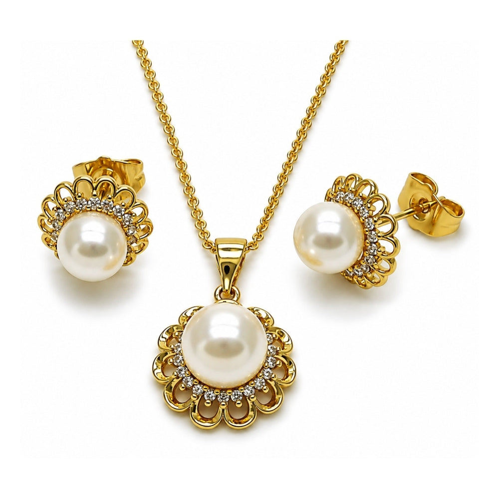 Oro Laminado Earring and Pendant Adult Set, Gold Filled Style Flower and Cluster Design, with Ivory Pearl and White Cubic Zirconia, Polished, Golden Finish