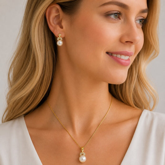 Oro Laminado Earring and Pendant Adult Set, Gold Filled Style Leaf and Ball Design, with Ivory Pearl and White Cubic Zirconia, Polished, Golden Finish