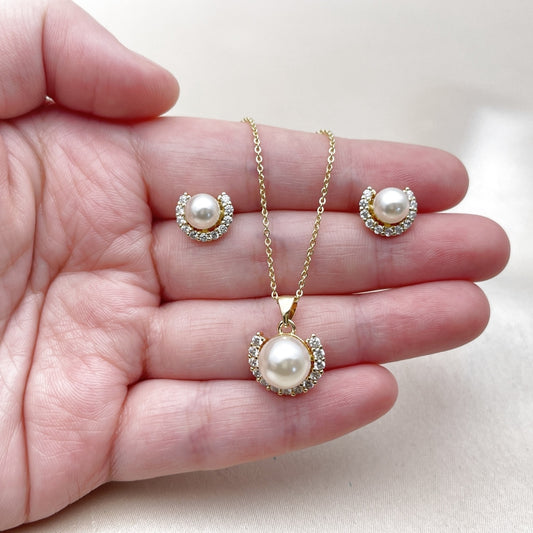 Oro Laminado Earring and Pendant Adult Set, Gold Filled Style Cluster and Ball Design, with Ivory Pearl and White Cubic Zirconia, Polished, Golden Finish