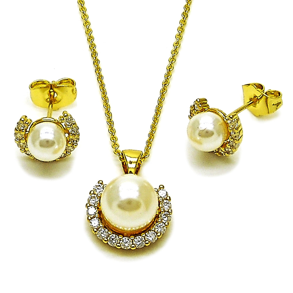 Oro Laminado Earring and Pendant Adult Set, Gold Filled Style Cluster and Ball Design, with Ivory Pearl and White Cubic Zirconia, Polished, Golden Finish