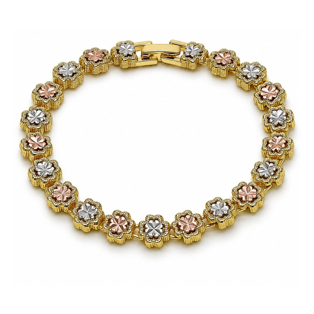 Oro Laminado Solid Bracelet, Gold Filled Style Four-leaf Clover Design, Diamond Cutting Finish, Tricolor
