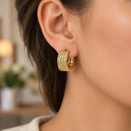 Oro Laminado Huggie Hoop, Gold Filled Style Teardrop Design, with White Cubic Zirconia, Polished, Golden Finish