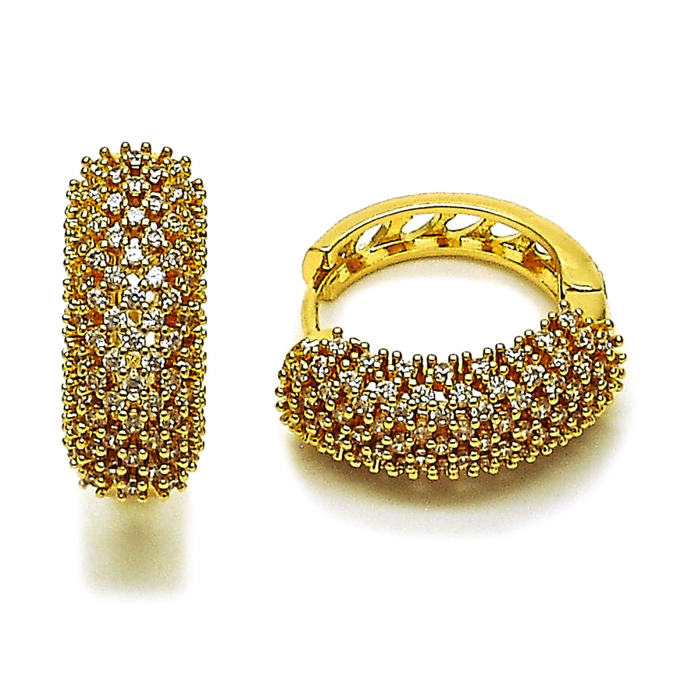 Oro Laminado Huggie Hoop, Gold Filled Style Heart Design, with White Cubic Zirconia, Polished, Golden Finish