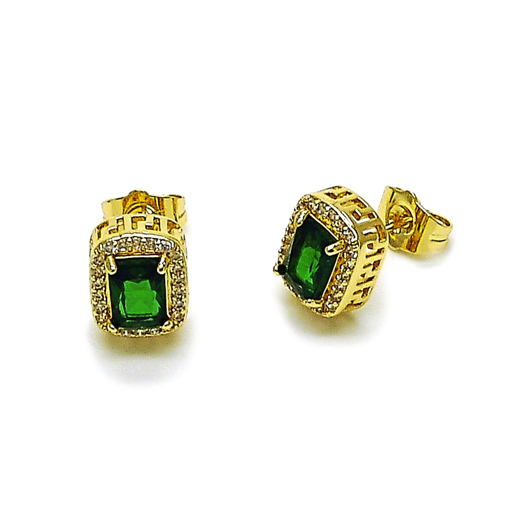 Oro Laminado Stud Earring, Gold Filled Style Cluster and Greek Key Design, with Green Cubic Zirconia and White Micro Pave, Polished, Golden Finish