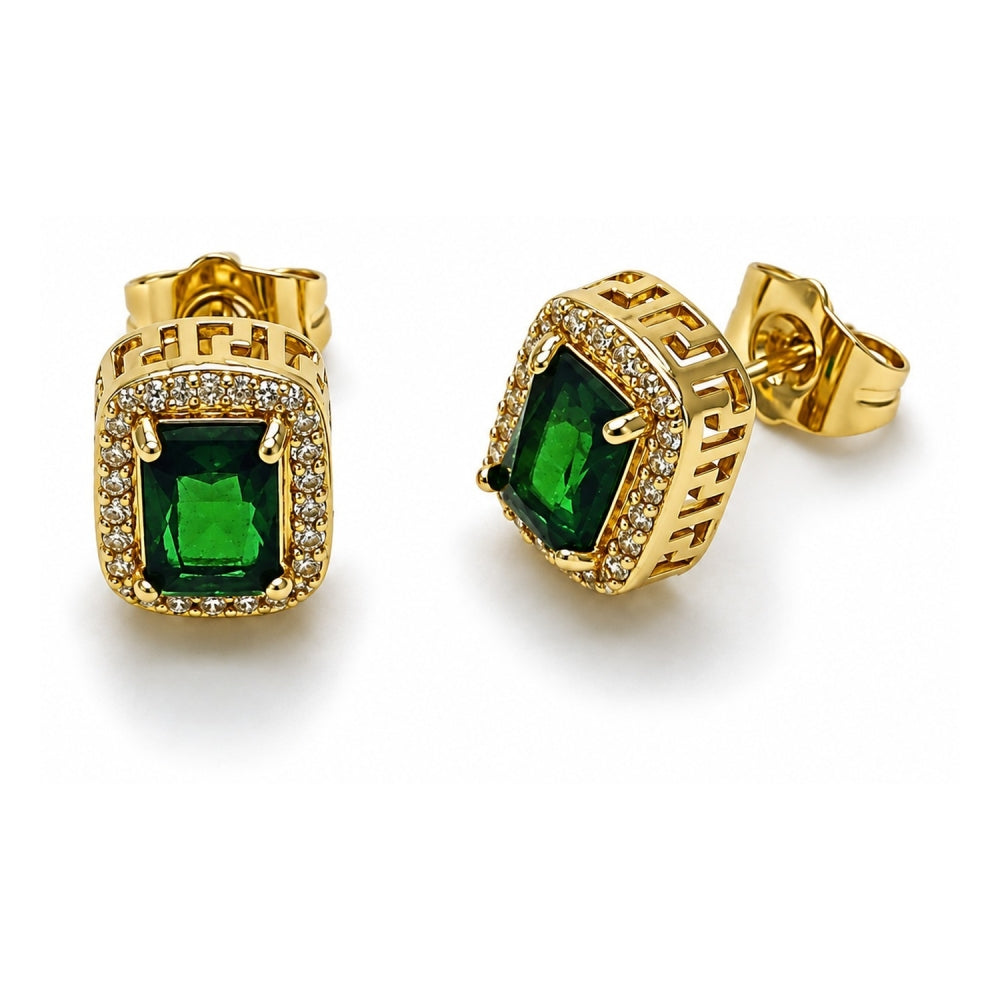 Oro Laminado Stud Earring, Gold Filled Style Cluster and Greek Key Design, with Green Cubic Zirconia and White Micro Pave, Polished, Golden Finish