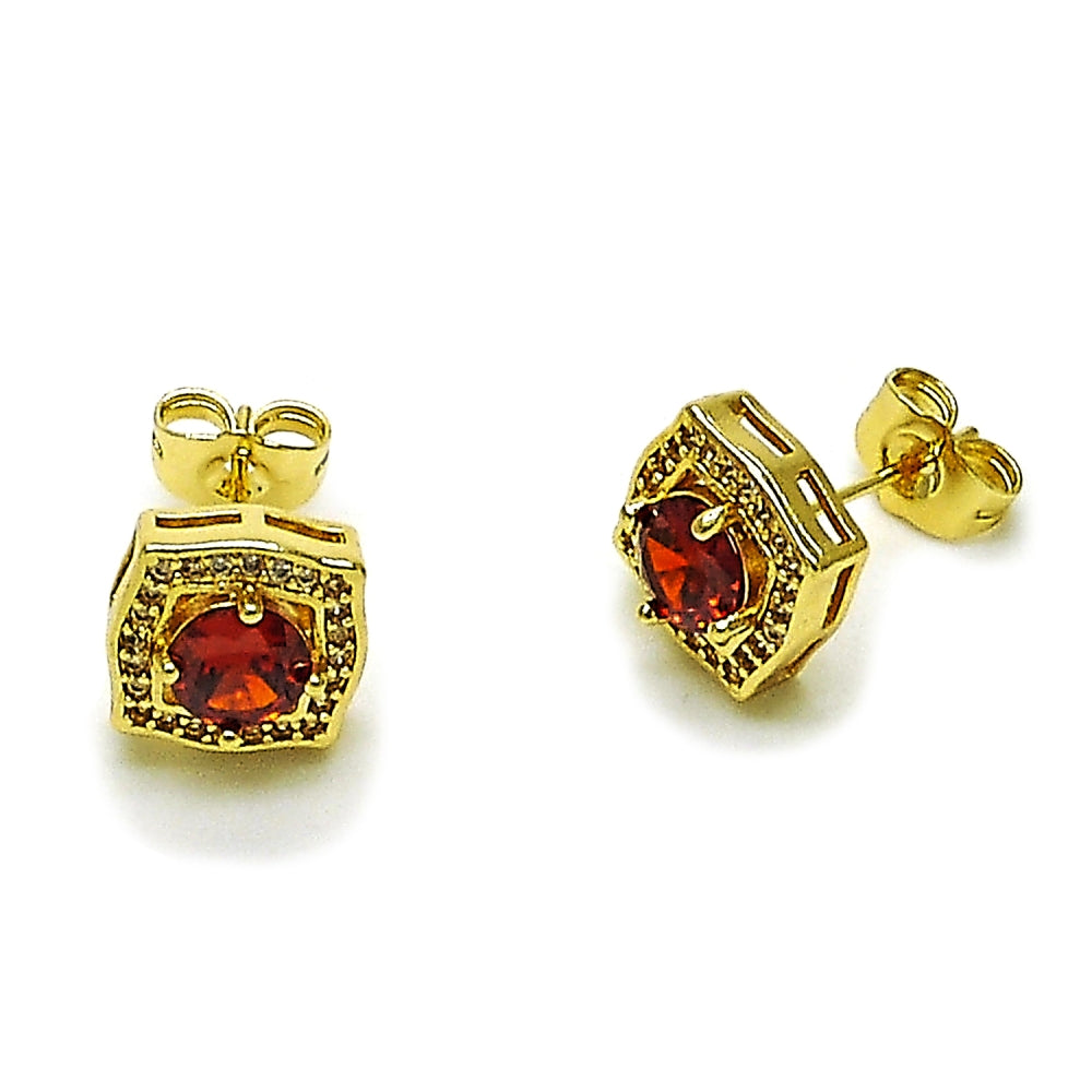 Oro Laminado Stud Earring, Gold Filled Style Cluster Design, with Garnet and White Cubic Zirconia, Polished, Golden Finish
