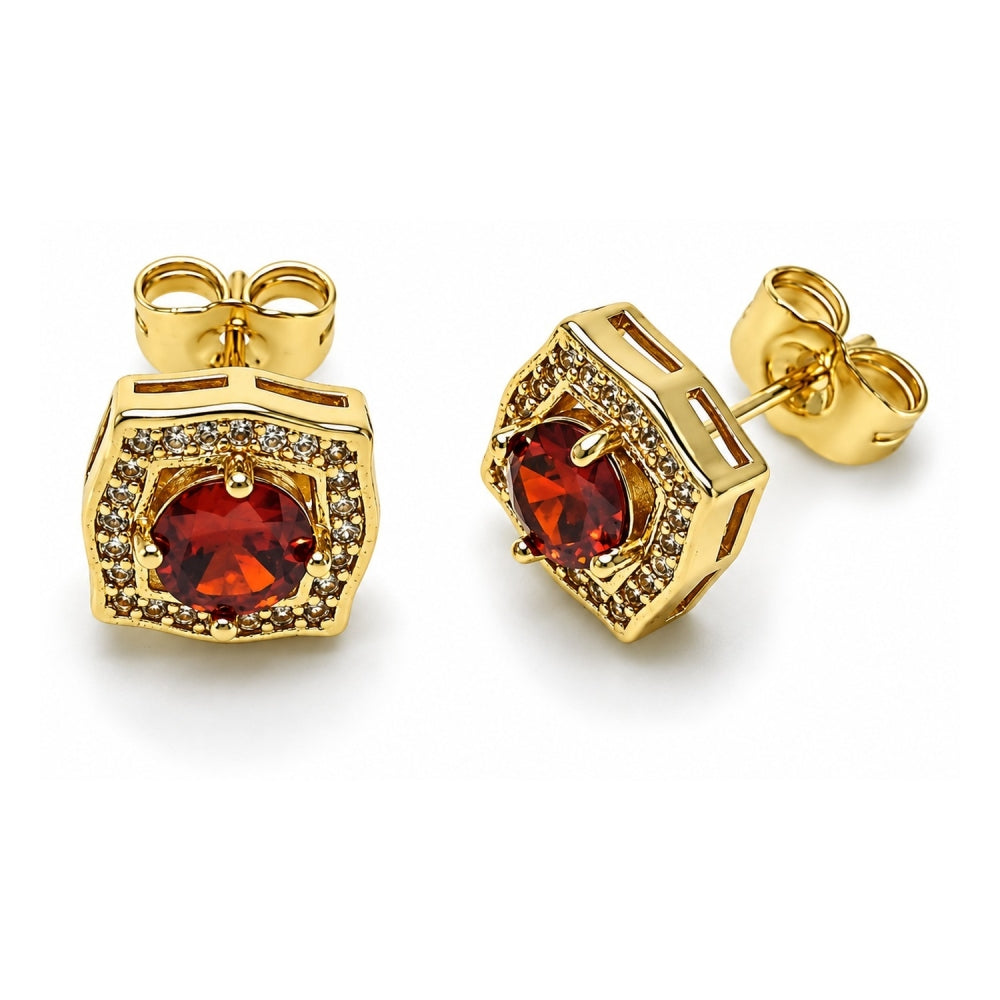 Oro Laminado Stud Earring, Gold Filled Style Cluster Design, with Garnet and White Cubic Zirconia, Polished, Golden Finish