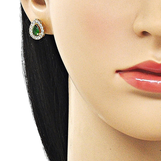 Oro Laminado Stud Earring, Gold Filled Style Teardrop and Cluster Design, with Green and White Cubic Zirconia, Polished, Golden Finish