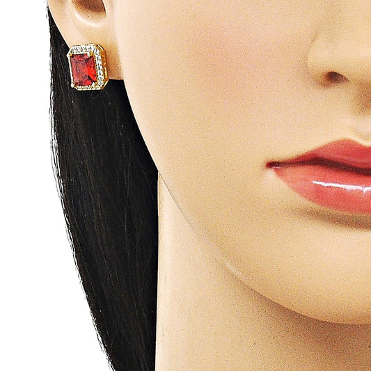 Oro Laminado Stud Earring, Gold Filled Style Cluster Design, with Garnet Cubic Zirconia and White Micro Pave, Polished, Golden Finish