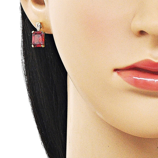 Oro Laminado Stud Earring, Gold Filled Style Baguette Design, with Garnet and White Cubic Zirconia, Polished, Golden Finish
