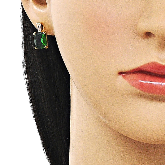 Oro Laminado Stud Earring, Gold Filled Style Baguette Design, with Green and White Cubic Zirconia, Polished, Golden Finish